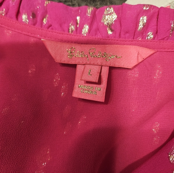Lilly Pulitzer Pink Topaz Silk Metallic Gold Ruffle V-Neck Blouse Large - Picture 5 of 7